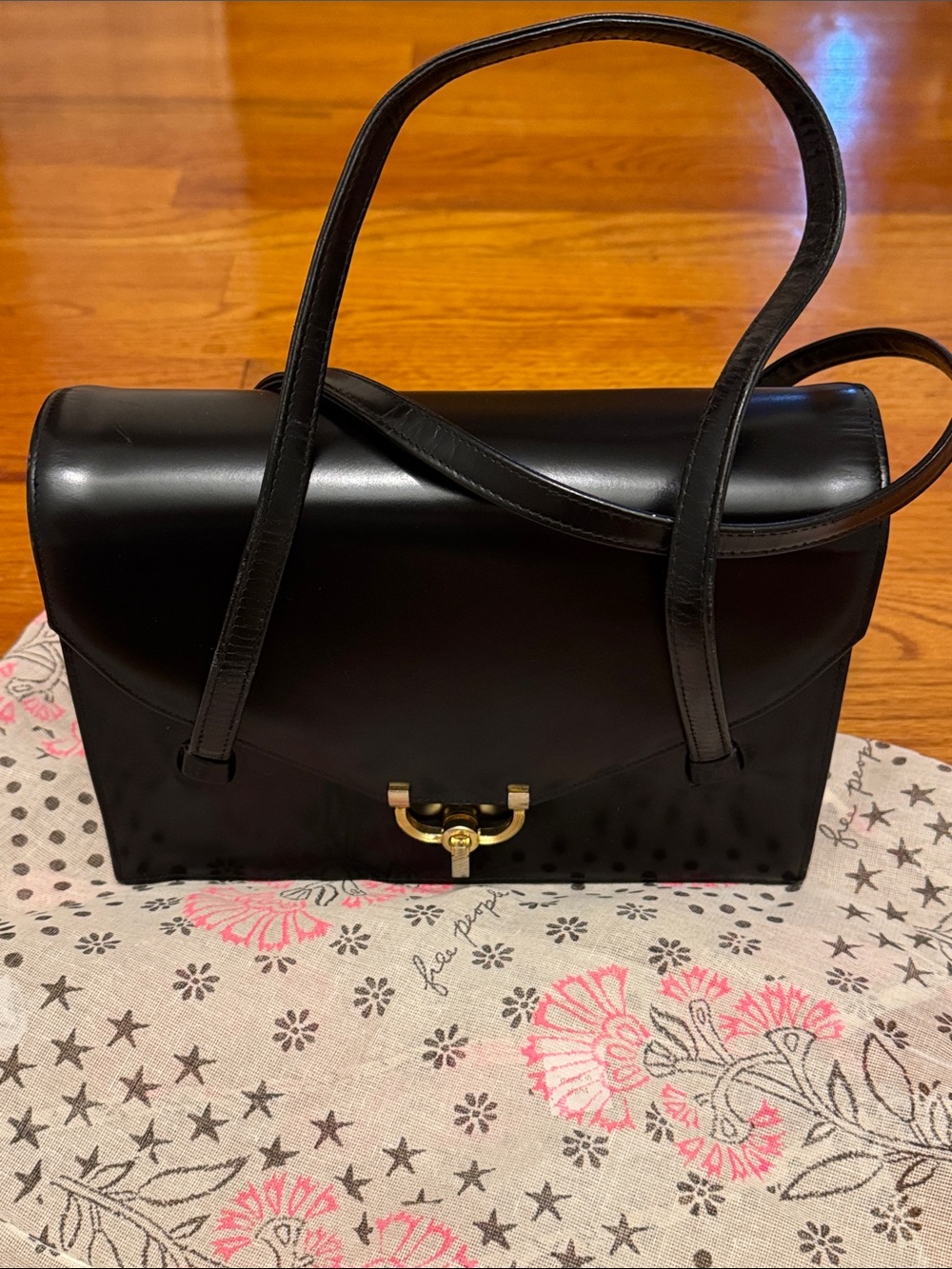 Dofan Vintage 1950’s Made in France Black Leather Bag with Gold Hardware